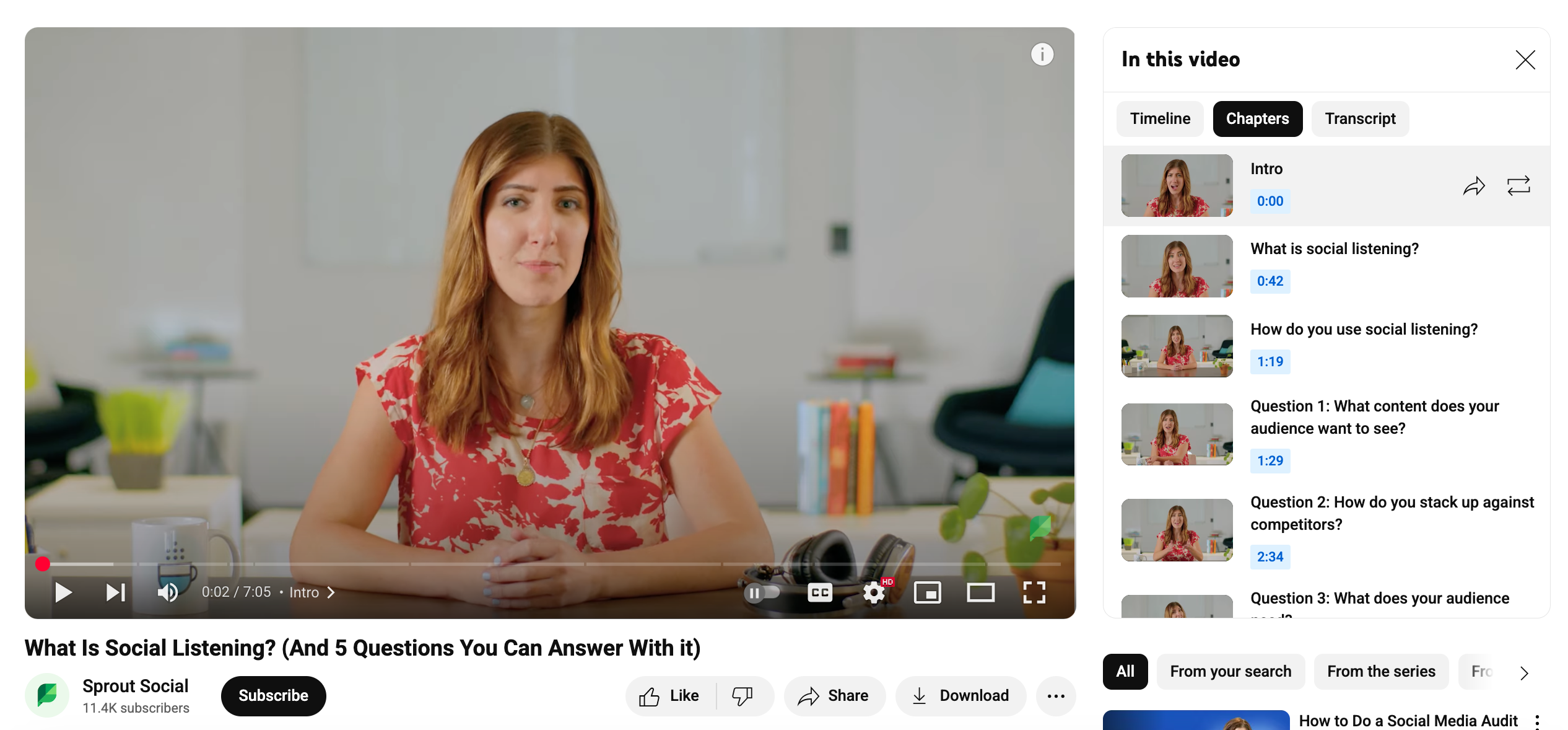 Sprout Social's YouTube video with chapters and timestamps